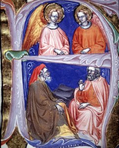 Lettrine, amely angyalokat és filozófusokat képvisel, akik megvitatják – a De civitate dei de St Augustine-ban. 14. századi kézirat. Városi Bibl. Riminiből. alkotó: Unknown artist