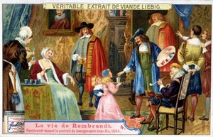 Liebig kromolitográfia Rembrandt (1606-1669) holland festő életéről, itt Jean Six polgármestert ábrázolja 1654-ben. alkotó: Unknown artist