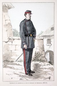 A Versailles-i zászlóalj békeőreinek hadnagya (1871-1873). Színes rézkarc, illusztrációként „A békefenntartók hadtestének története”” című könyv Louis Lepine (1846-1933) Szajna menti rendőrprefektus gondozásában jelent meg, A. alkotó: Unknown artist