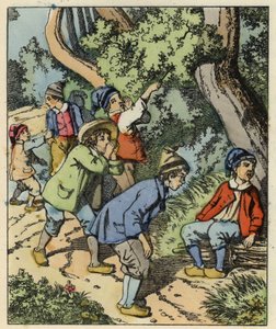 A kis Poucet és testvérei elvesztek a szüleik által elhagyott erdőben. Illusztráció Charles Perrault „Le Pepetit Poucet” című meséjéhez alkotó: Unknown artist