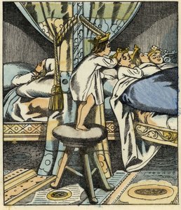 A kis Poucet az ogre hét lányának koronáját helyezi testvérei fejére. Illusztráció Charles Perrault „Le Petite Poucet” című meséjéhez alkotó: Unknown artist