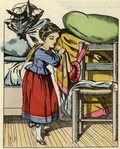 Piroska a nagymamája házában. Illusztráció Charles Perrault „A Piroska” című meséjéről alkotó: Unknown artist