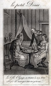 Kis vacsora. Olympe de Gouges (1748-1793), francia betűs nő, forradalmár Celine egyik barátjával. alkotó: Unknown artist