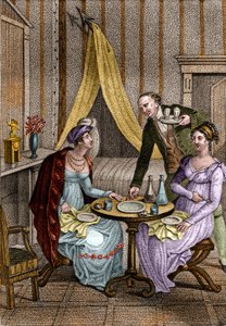 Kis vacsora. Olympe de Gouges (1748-1793), francia betűs nő, forradalmár Celine egyik barátjával. Jean Nicolas Bouilly (1763-1842) „” Conseils a ma fille „”-ben. 1820. Magángyűjtemény. alkotó: Unknown artist