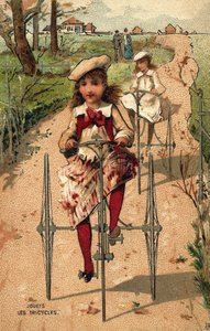Kislányok triciklizni.Kromolitográfia 1890 körül. alkotó: Unknown artist