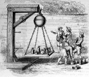 Felfüggesztett magdeburgi féltekék betöltése a légköri nyomás kiszámításához – Otto von Guericke (Otto de Guericke) „Ottonis de Guericke: Experimenta Nova Magdeburgica de vacuo spatio” című könyvében alkotó: Unknown artist