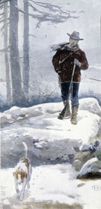 Magányos vadász kutyával egy havas tájon, 19. század vége alkotó: Unknown artist