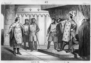 VIII. Lajos (1187-1226), az Oroszlán követet fogad ellenségétől, az angliai III. Henriktől (1207-72) – VIII. Lajos dit "" Le Lion" (1187-1226), a Capetians dinasztiája büszkén és fermetével válaszol Henrik angol király követe – 1. metszet alkotó: Unknown artist