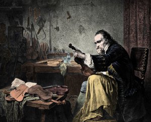 Luthier Stradivarius (Antonio Stradivari) (1644-1737) műhelyében. Hammann metszete. Antonio Stradivari (Stradivarius) hegedűtervező a munkahelyen. alkotó: Unknown artist