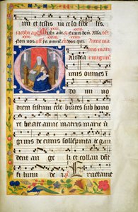MS.McC.57. f.48r Szent Anna trónol, olvas, Szűz Mária az előtte ülő Gyermekkel, egy antiphon kezdőbetűje, 15. század vége. alkotó: Unknown artist