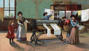Gépi vasaló. (vasalás). Kromolitográfia a 19. század végéről. alkotó: Unknown artist