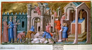 Maconok, kővágók és munkások egy 14. századi miniatűr város építkezésén, „Canterbury zsoltára”. B.N. Párizs alkotó: Unknown artist