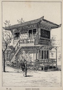 Japán ház (japán ház) - 1889-ben készült metszet az „Emberi lakhatás története az 1889-es egyetemes kiállításon, Charles GARNIER úr – Librairie centrale des beaux-arts Paris 1889 című könyvében alkotó: Unknown artist