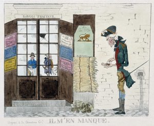 Férfi fillér nélkül a vendéglátó üzlet előtt - gravírozás alkotó: Unknown artist