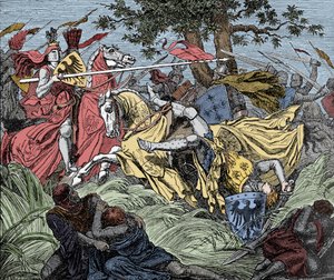 Manfred meghalt a csatában – Benevent csata (1266. február 26.): I. Manfréd (Hohenstaufen) halála alkotó: Unknown artist