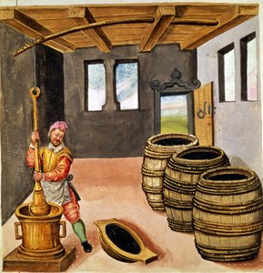 Fekete por gyártása - a 16. századi „Pirotechnika, fegyvertár és erődítmények kézikönyve” című könyvében. alkotó: Unknown artist