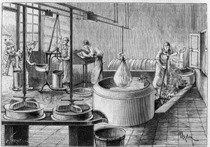 Gruyere gyártása: modern sajtgyár. Metszet a „természetbe”: áttekintés a tudományokról és azok művészetben és iparban való alkalmazásáról, 1891. szeptember 19. alkotó: Unknown artist