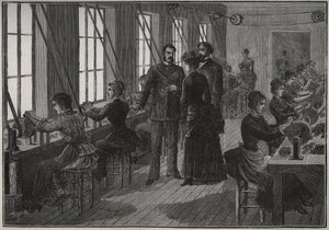 Fémtollak gyártása: élezőműhely Franciaországban a 19. században. Metszet 1885-ből Adolphe BITARD „” Les arts et metiers illustres” című könyvébe. alkotó: Unknown artist