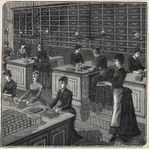 Fémtollak gyártása: tollak válogatása és csomagolása egy gyárban Franciaországban a XIX. Metszet 1885-ből Adolphe BITARD „Les arts et metiers illustres” című könyvében. alkotó: Unknown artist