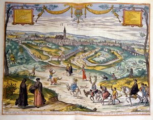 Sevilla városának térképe 1590-ben. A kép jobb alsó sarkában a falu népe egy felszarvazott szamarán gúnyolódik. alkotó: Unknown artist