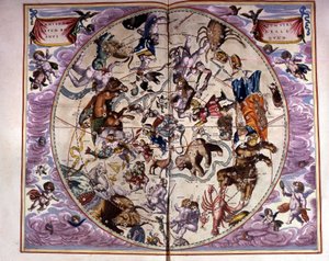 Égtérkép és állatöv jelei - egy ősi kompozíció fakszimile, amely az északi égbolt csillagképeit ábrázolja, André Cellarius „Harmonia Macrocosmica” című művének megfelelően alkotó: Unknown artist
