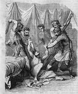 Marcus Hordeonius Flaccus római szenátort saját katonái mészároltak le az 1. században. századi metszet. alkotó: Unknown artist