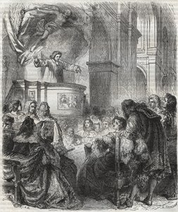 Marie de Rabutin-Chantal (Rabutin Chantal), Sevigne márkinéja, Madame de Sevigne (1626-1696), hallgassa Louis Bourdaloue (1632-1704) francia nyelvét a jezsuiták templomában, a párizsi Saint-Louis-ban - 1866-os metszet alkotó: Unknown artist