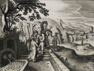 Izsák és Rebeka házassága. Metszet egy 17. századi Bibliából. alkotó: Unknown artist