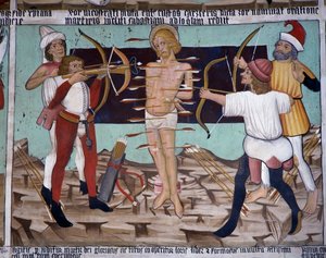 Szent Sebestyén mártíromsága, Szent Sebestyén élete (15. század), freskók, Szent Sebestyén-kápolna, Villard-de-Lans, Rhône-Alpes, Franciaország. alkotó: Unknown artist