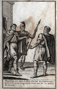Maximianus Hercules (Marcus Aurelius Valerius Maximianus) (kb. 250-310), római császár, félelem fog el Konstantin (I. Konstantin, Flauius Valerius Aurelius Constantinus, 272-306), veje, akit ő látta el. azt hiszi, hogy beleszúrt az ágyába i alkotó: Unknown artist