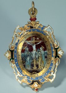 A kerek arany dudoron e-mailben küldött érem a keresztre feszítést és az Egyiptomba menekülést díszíti. A 16. századi Sun debütálása. h. 7 cm. Párizs. Louvre múzeum alkotó: Unknown artist