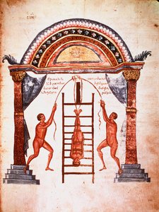 Gyógyászat: a gerinc elmozdulásának csökkentése, a beteget hevederekkel a létrára akasztják (kézirat alkotó: Unknown artist