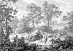 Találkozás Ulysses között, aki egy folyó közelében feküdt, és Nausicaa között. Metszet a 19. század végéről. alkotó: Unknown artist