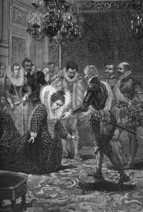 Maris de Medicis és IV. Henrik (1601) találkozása: Medici Mária (1573-1642) meghajol férje, IV. Henrik francia király (1553-1610) előtt. századi metszet. Jules Michelet „Histoire de France” című művében alkotó: Unknown artist