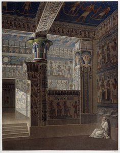 Memnonium Théba, pl 37: Színes belső perspektivikus nézet a nyugati templomról - ""Egyiptomi régiségekben"", sd. 19. század alkotó: Unknown artist