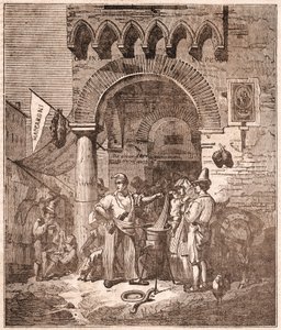 Kereskedő tésztát főz egy serpenyőben, olasz jelenet (metszet) alkotó: Unknown artist