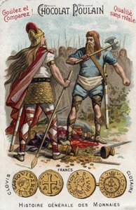 Merovingiens: Clovis 1. lelövi a katonát, aki összetörte Soissons hajóját, 486-ban. In General History of Coins. A 19. század végi csokoládé-csikó kromolitográfiája. Magángyűjtemény. alkotó: Unknown artist