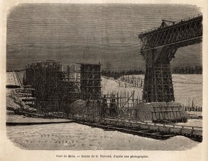 Meta-híd (Ukrajna), építés alatt. Gravírozás a La Russie libre illusztrálására, William Hepworth Dixon 1869-ben, megjelent a „Le tour du monde”” 1872-ben, szerkesztette Edouard Charton, Hachette kiadás, Párizs. Selva kollekció. alkotó: Unknown artist