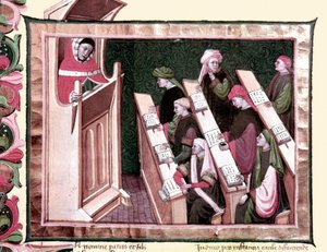 Középkor: Tanítás az egyetemen. Kézirat a 15. század elejéről. Biblioteca Nazionale Centrale de Firenze. alkotó: Unknown artist