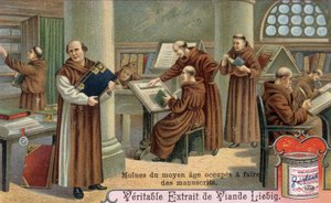 Kéziratokat író középkori szerzetes. Kromolitográfia, Liebig-kép alkotó: Unknown artist