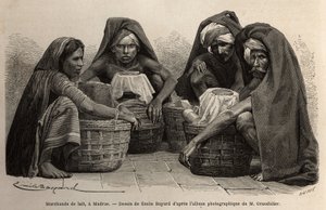 Tejkereskedők Madras (a mai Chennai, Tamil Nadu) utcáin. Alfred Grandidier 1862-1864-es metszete India meridionális tartományaiban való utazás szemléltetésére, megjelent a „le tour du monde”-ban, D