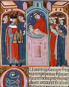 Miniatűr keresztelési jelenet a Justinianus-kódexből (Codex Justinianus), I. Justinianus bizánci római császár (483-565) alatt kiadott törvények és intézmények gyűjteményéből. alkotó: Unknown artist