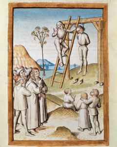 Miniatűr akasztós jelenet Bidpai „Kalila (Calila) és Dimna” meséinek német fordításából. (ms. 1389, fol. 117) 1480 körül Chantilly, Conde múzeum alkotó: Unknown artist