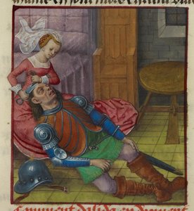 Delilah miniatűrje, amint Samson haját vágja a „Le Roman de la Rose” filmből alkotó: Unknown artist