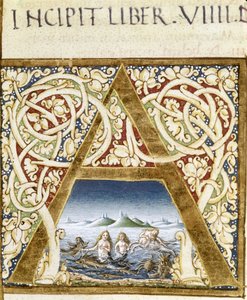 Szirénákat ábrázoló miniatűr. „” A” betű – Idősebb Plinius (23–79) „” Naturalis Historiae” című könyvében, szerk. 1480. Victoria & Albert Könyvtár alkotó: Unknown artist