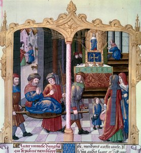 Szent Lajos csodái: IX. Lajos király (1214-1270) egy bénával harcolt. Miniatűr kéziratból „A tények könyve Monsignor Saint Louis” 15. század. Paris, B.N alkotó: Unknown artist