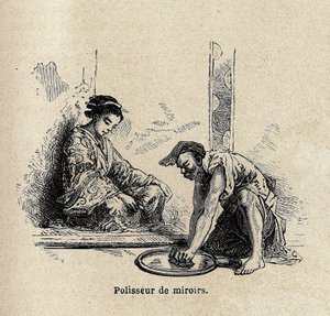 Tükörfényező. Aime Humbert, a Svájci Államszövetség minisztere, a „Le tour du monde, nouveau Journal des voyages” című 1863–1864-es japán utazást illusztráló metszete Edouard Charton irányítása alatt jelent meg. alkotó: Unknown artist