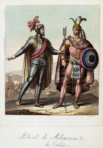 II. Montezuma, azték király és Hernan (vagy Hernando) Cortes vagy Fernand Cortez (1485-1547), spanyol hódító – Ferrario „” A régi és modern kosztüm”-ben, szerk. Milánó alkotó: Unknown artist