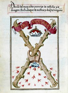 Burgundia hercegeinek mottója. Kéziratos oldal a spanyolországi Joan, Folle királynő (1479-1555) áhítatának gyűjteményéből, Pedro Marcuello (“Da Juana királynő áhítata, akit az őrült nőnek hívtak”), 15. század Chantilly, Musee Conde alkotó: Unknown artist