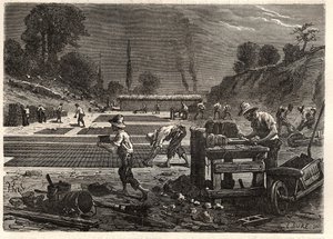 Moulage des bricques - Tégla öntése - Louis Figuier gravírozása "Les Merveilles de l